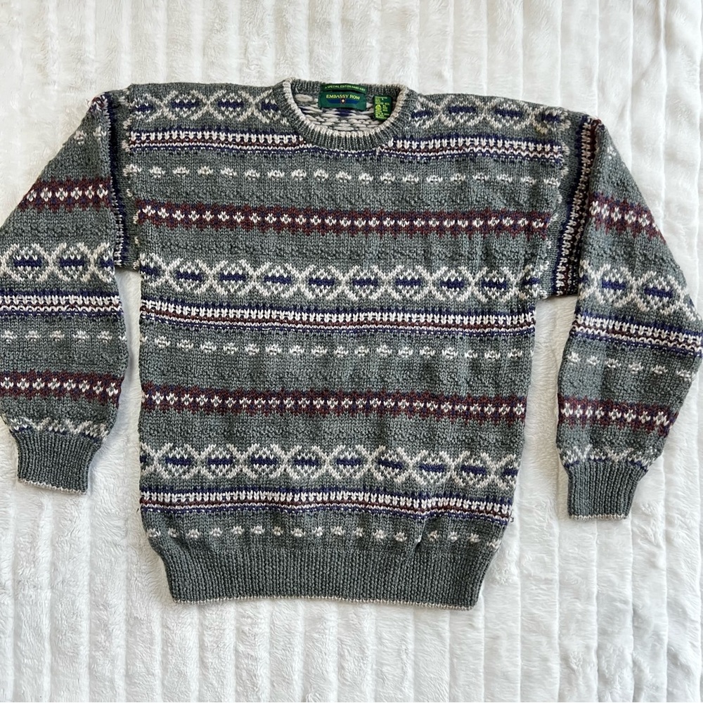 VINTAGE EMBASSY ROW moss green hand knit fair isle 100% wool sweater